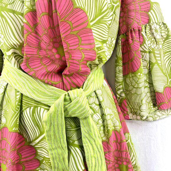 Trina Turk Silk Dress 8 Floral Print Shift Coastal Preppy Retro USA with belt - Picture 2 of 12